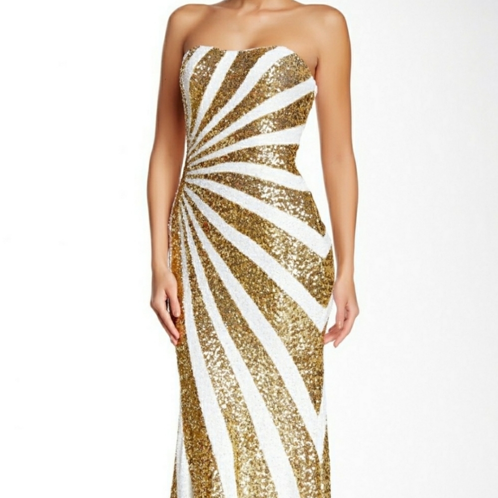 La Femme white and gold sequin gown